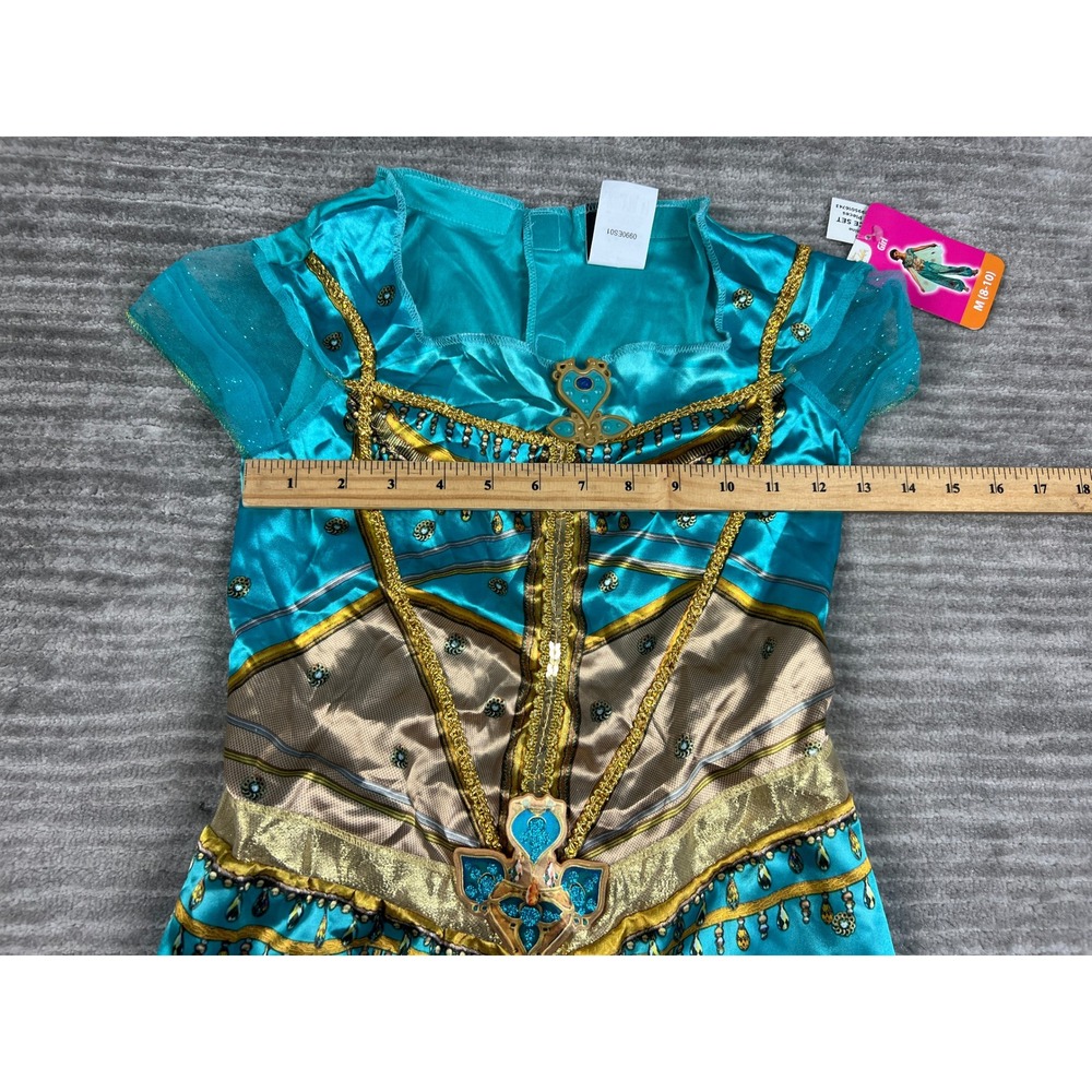 Disney Costume Girls M 8-10 Teal Aladdin Jasmine Peacock Jumpsuit Cape 2pc Set - Picture 2 of 12